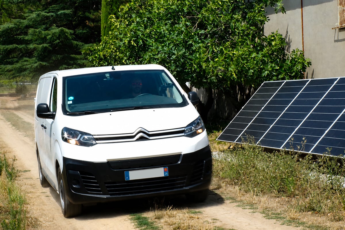 Le Citroën ë-Jumpy de Franck avec des panneaux solaires sur le domaine