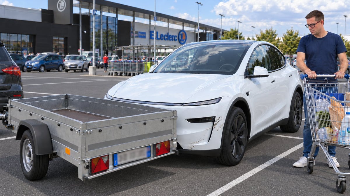 Mise en scène générée par IA pour Automobile Propre : un homme et son caddie découvrent l'avant rayé d'un Tesla Model Y blanc garé derrière une remorque