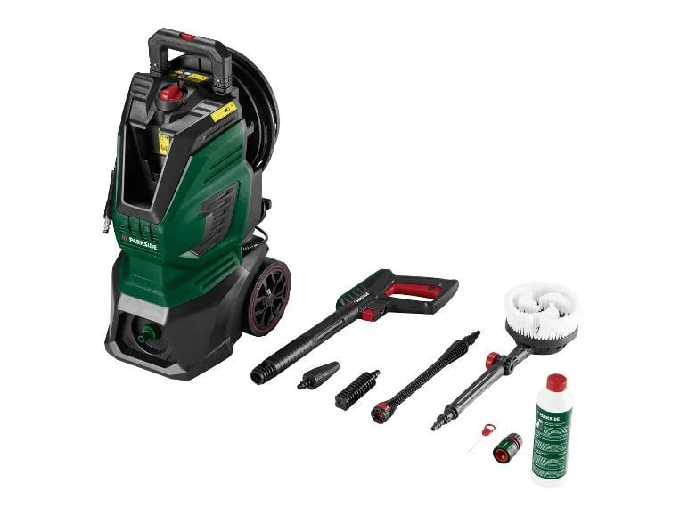 Nettoyeur haute pression Lidl Parkside PHD 170 E3 avec ses accessoires : brosse rotative, lances et détergent
