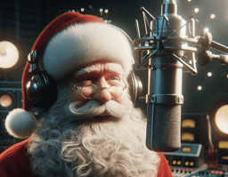 Le Père Noël dans un studio de podcast