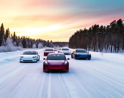 Des Tesla qui roulent sur une route froide et enneigée