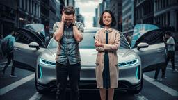 Un homme et une femme devant une voiture électrique