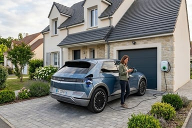 Femme branchant une Hyundai Ioniq 5 sur une wallbox devant sa maison individuelle