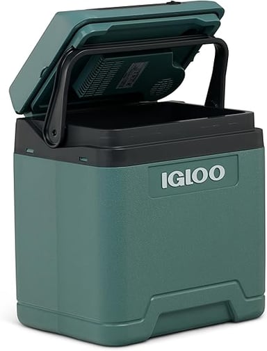 Glacière électrique Igloo IE27 AC/DC verte, couvercle ouvert avec poignée de transport intégrée