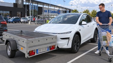 Mise en scène générée par IA pour Automobile Propre : un homme et son caddie découvrent l'avant rayé d'un Tesla Model Y blanc garé derrière une remorque