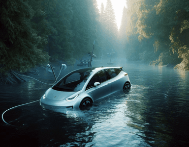 Une voiture électrique qui coule dans un fleuve
