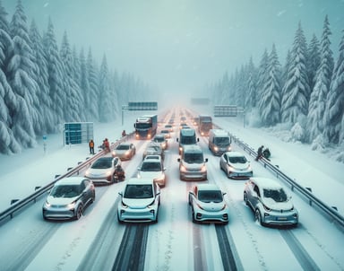 Une image fake d'un groupe de voitures électriques bloquées sur une autoroute enneigée par grand froid