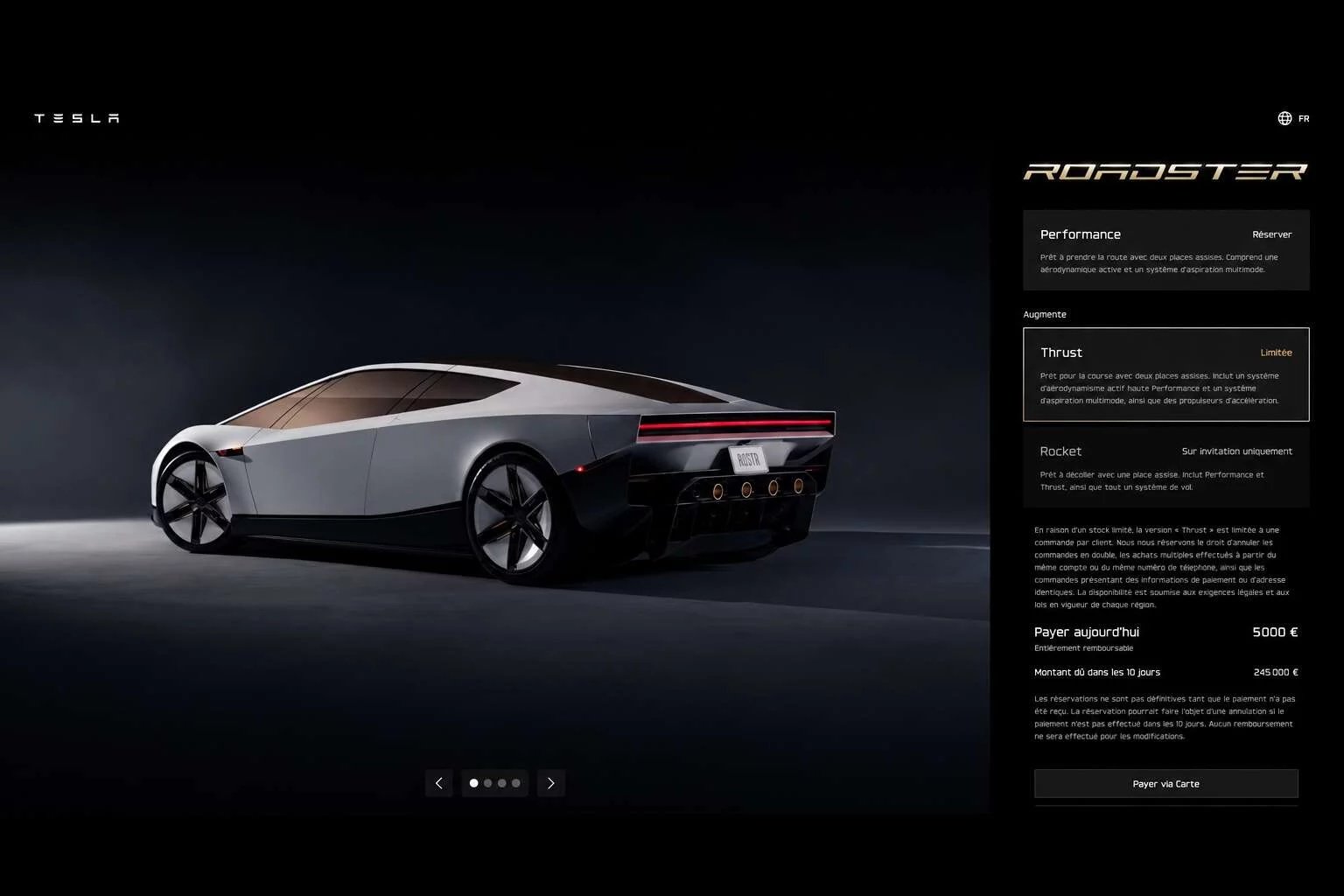 Configurateur français du Tesla Roadster avec les versions Performance, Thrust et Rocket