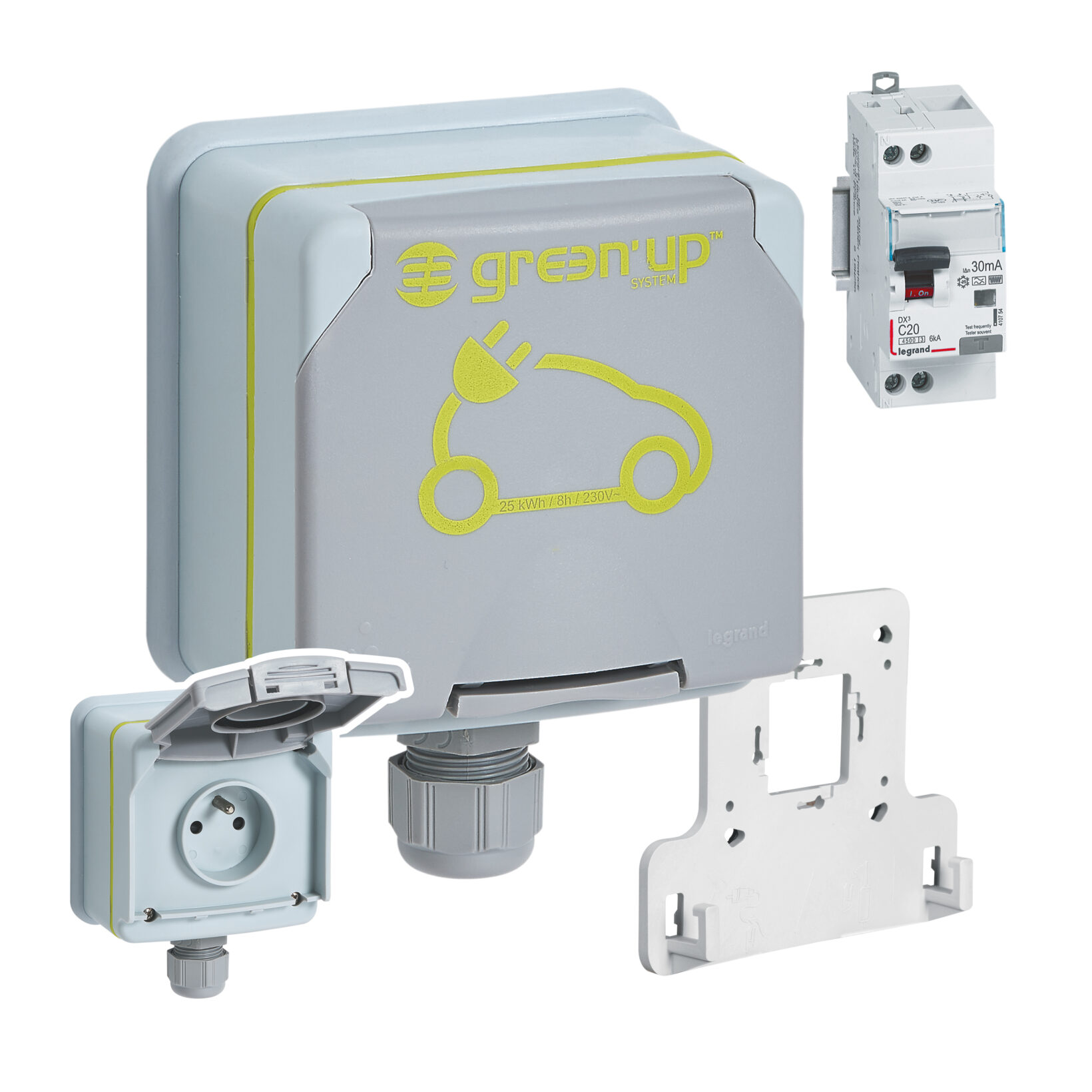 Pack prise Green'Up Legrand avec disjoncteur différentiel et patère pour recharge de voiture électrique à domicile