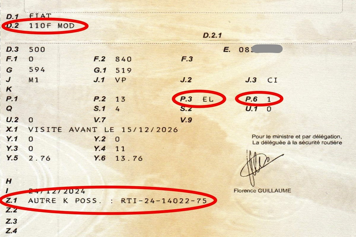 Certificat d'immatriculation de la Fiat 500 rétrofitée