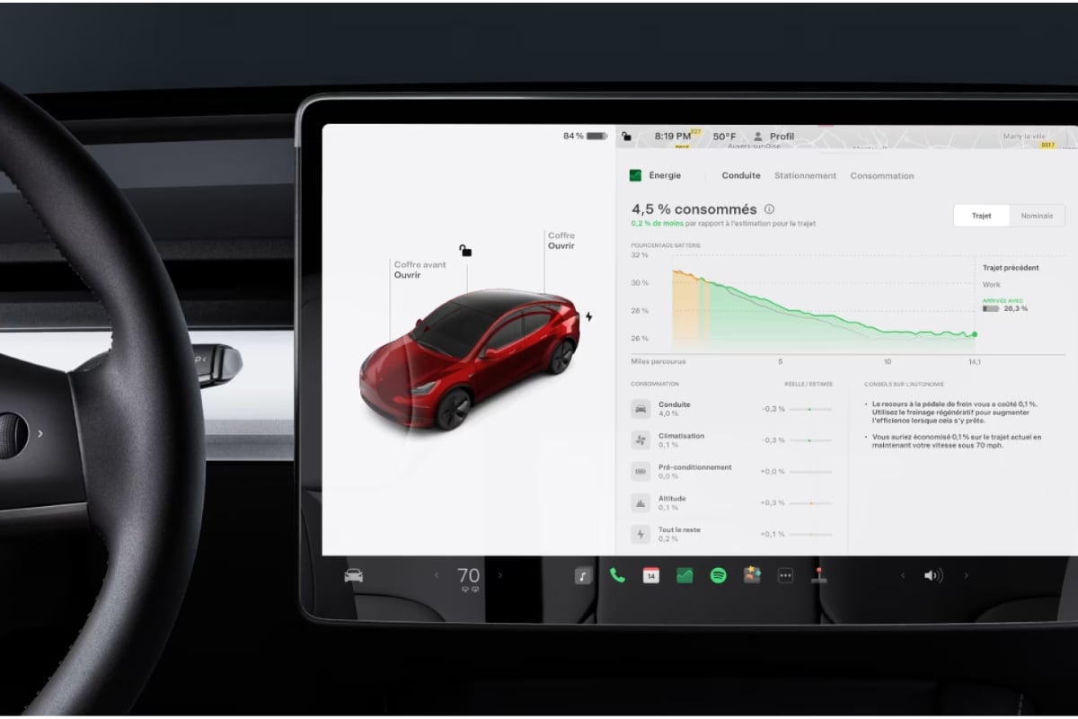 Écran d'une Tesla Model 3 affichant le graphique "Énergie" pour analyser la consommation et optimiser l'autonomie réelle du véhicule.