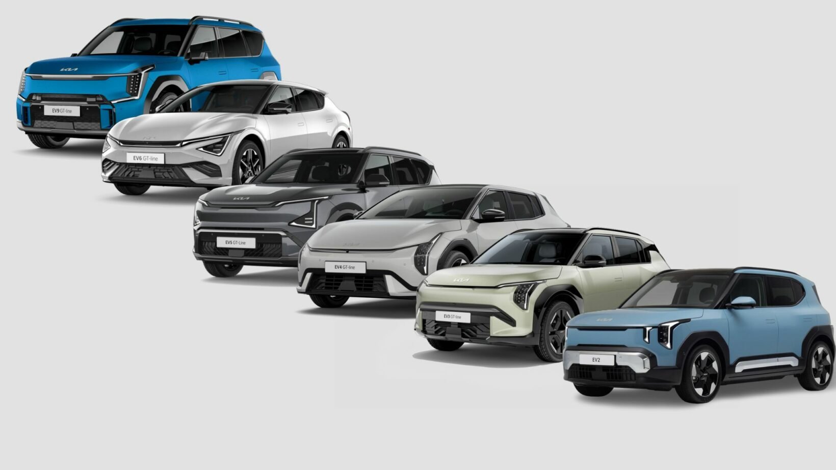 Gamme de voitures électriques Kia avec plusieurs modèles alignés, dont EV2 au premier plan.