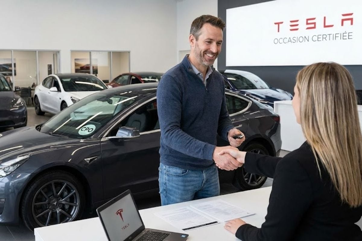 Client concluant l'achat d'une Tesla Model 3 d'occasion en concession par une poignée de main, sous le panneau "Tesla Occasion Certifiée", illustrant la garantie offerte par les professionnels.