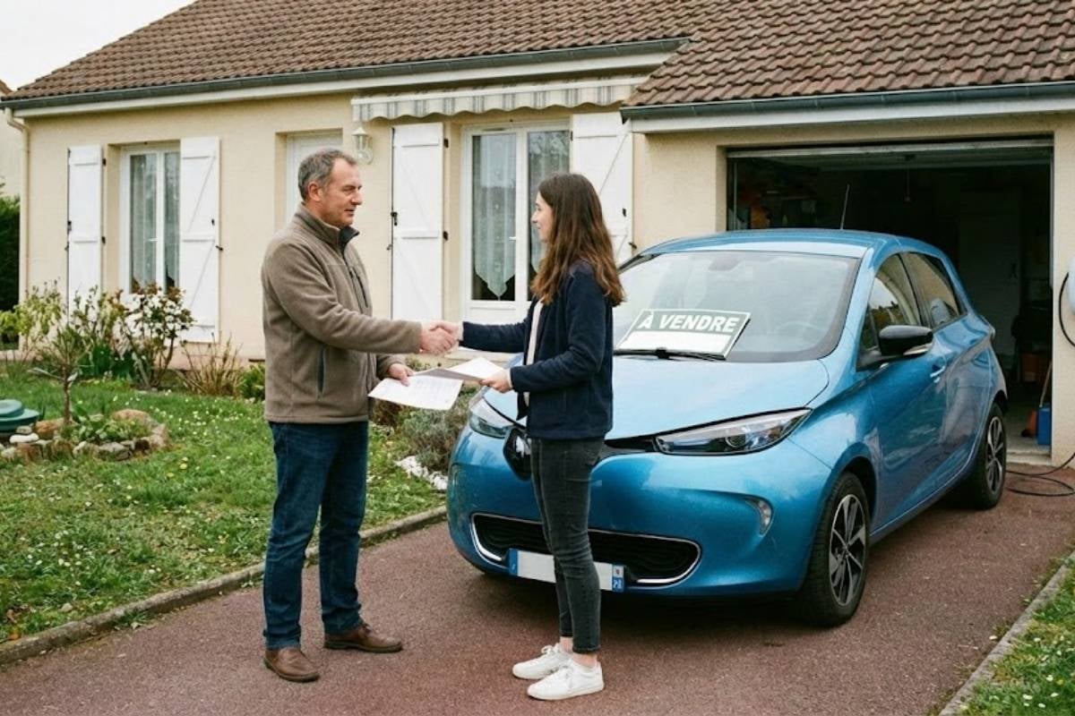 Vente d'une Renault Zoé électrique d'occasion entre particuliers : poignée de main et échange des documents d'entretien devant un garage équipé d'une borne de recharge.