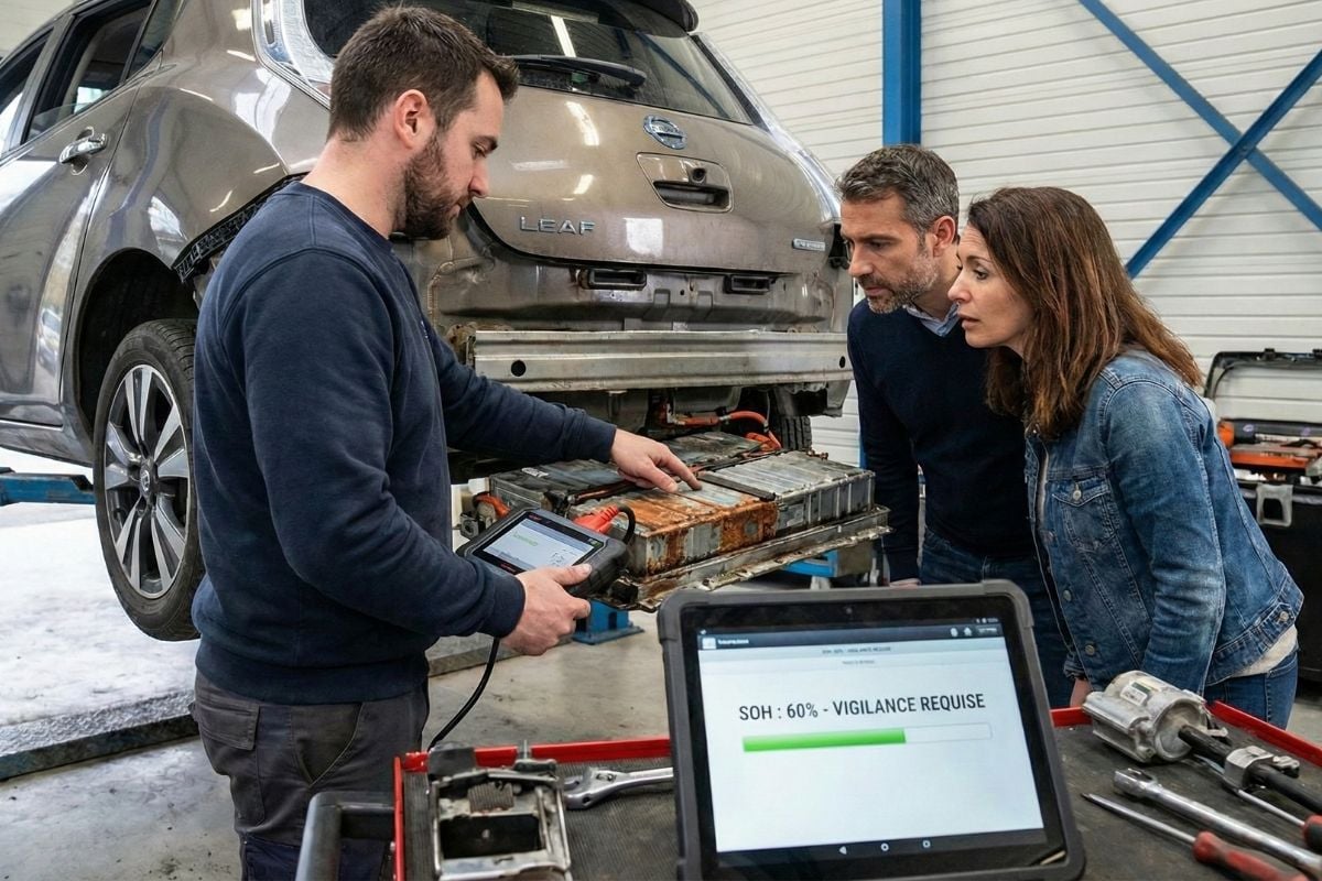 Mécanicien montrant une batterie de voiture électrique (Nissan Leaf) oxydée à des acheteurs lors d'un diagnostic, avec une tablette affichant un SoH critique de 60%.