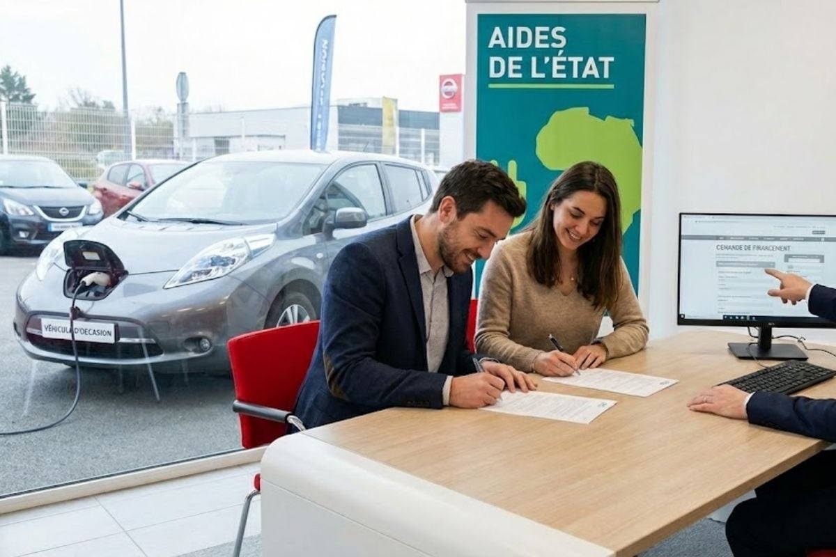 Couple signant une offre de financement (crédit ou LOA) pour l'achat d'une voiture électrique d'occasion (Nissan Leaf) chez un concessionnaire, avec simulation sur écran.