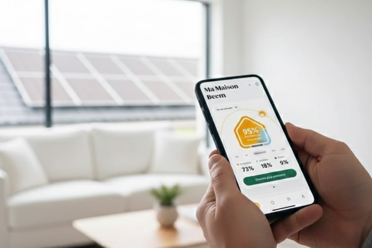 Application de suivi d’autoconsommation solaire affichée sur smartphone avec panneaux photovoltaïques en arrière-plan