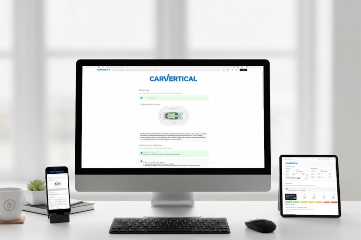 Consultation d’un rapport CarVertical sur ordinateur pour analyser l’historique d’une voiture d’occasion