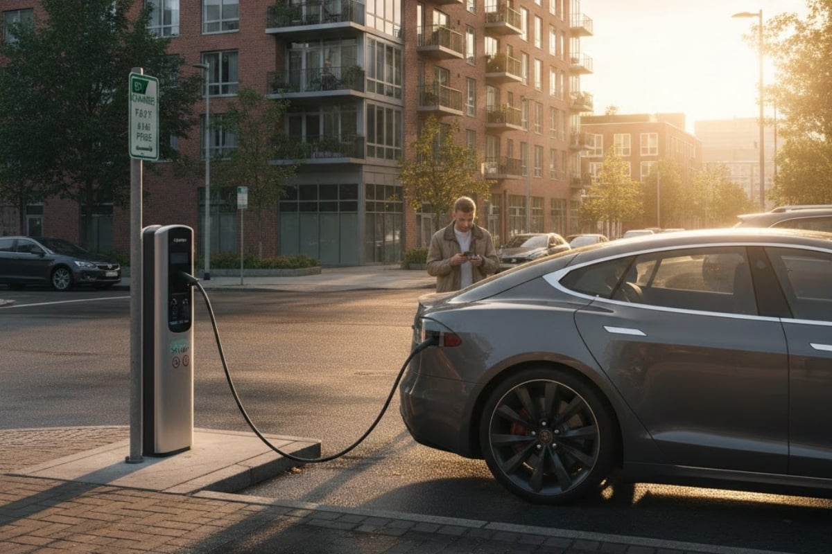 Recharge d'une voiture électrique sur une borne publique devant un immeuble résidentiel