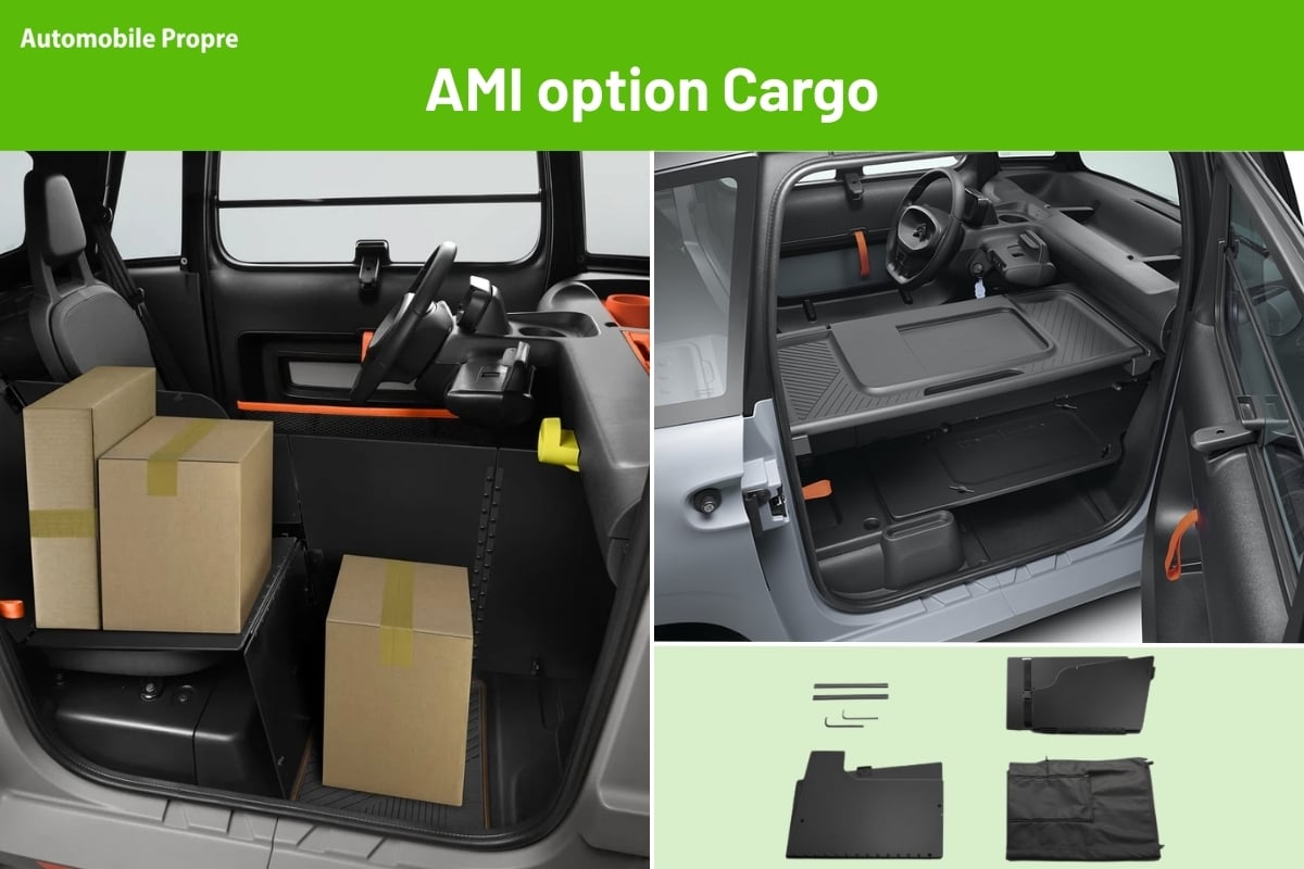 My Ami Cargo Kit – Installation et volume de chargement 200 L Installation du My Ami Cargo Kit dans une Citroën Ami avec compartiment de 200 litres et éléments du kit