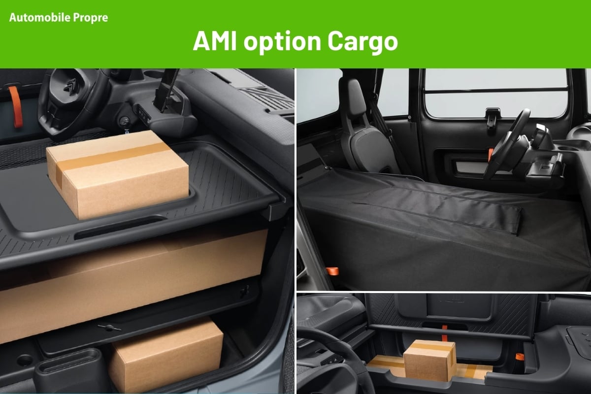 Citroën Ami – My Ami Cargo Kit avec plateforme utilitaire Citroën Ami équipée du My Ami Cargo Kit avec plateforme de chargement et colis à l’intérieur