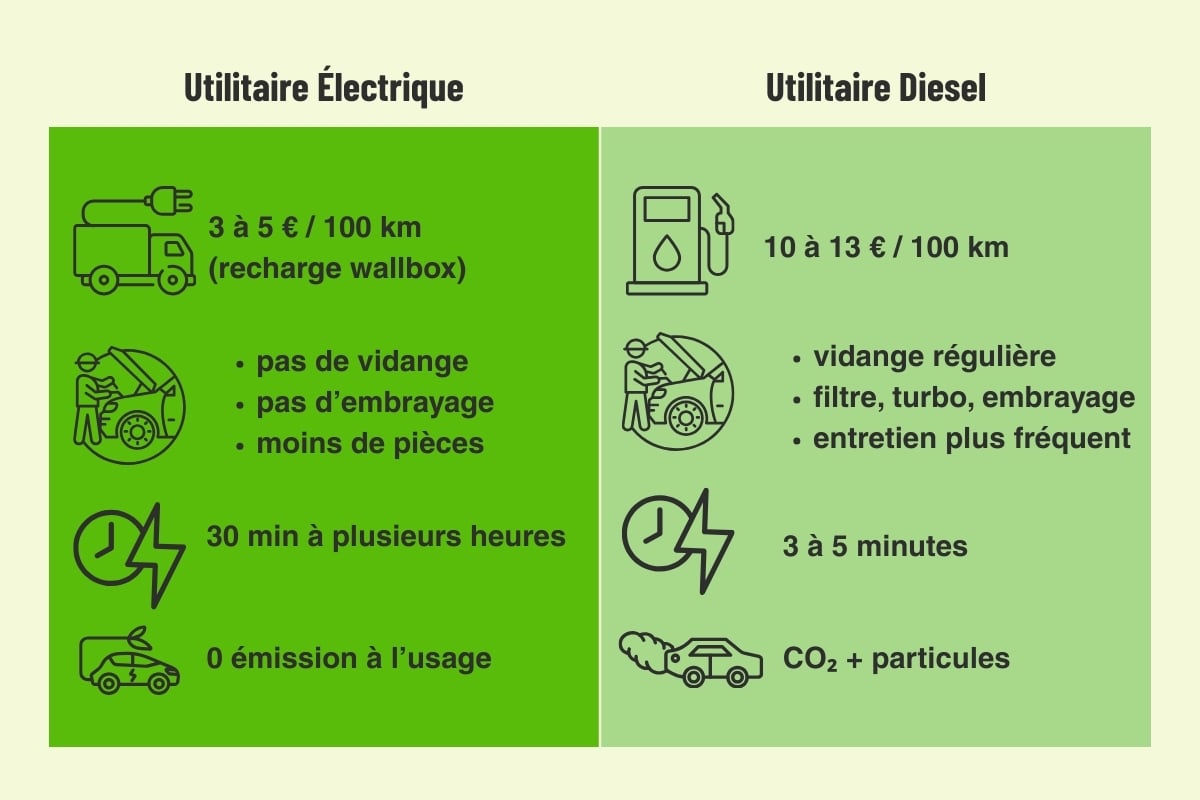 comparatif utilitaire électrique vs diesel coût entretien recharge émissions