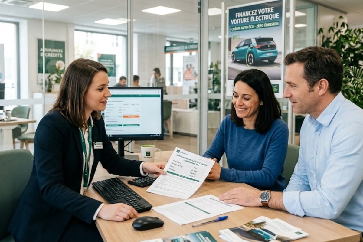 conseiller présente un crédit pour voiture électrique à un couple