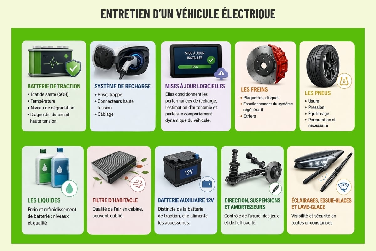 Infographie listant les 10 points d'entretien obligatoires d'une voiture électrique : batterie de traction, système de recharge, mises à jour logicielles, freins, pneus, liquides, filtre habitacle, batterie 12V, direction et éclairages