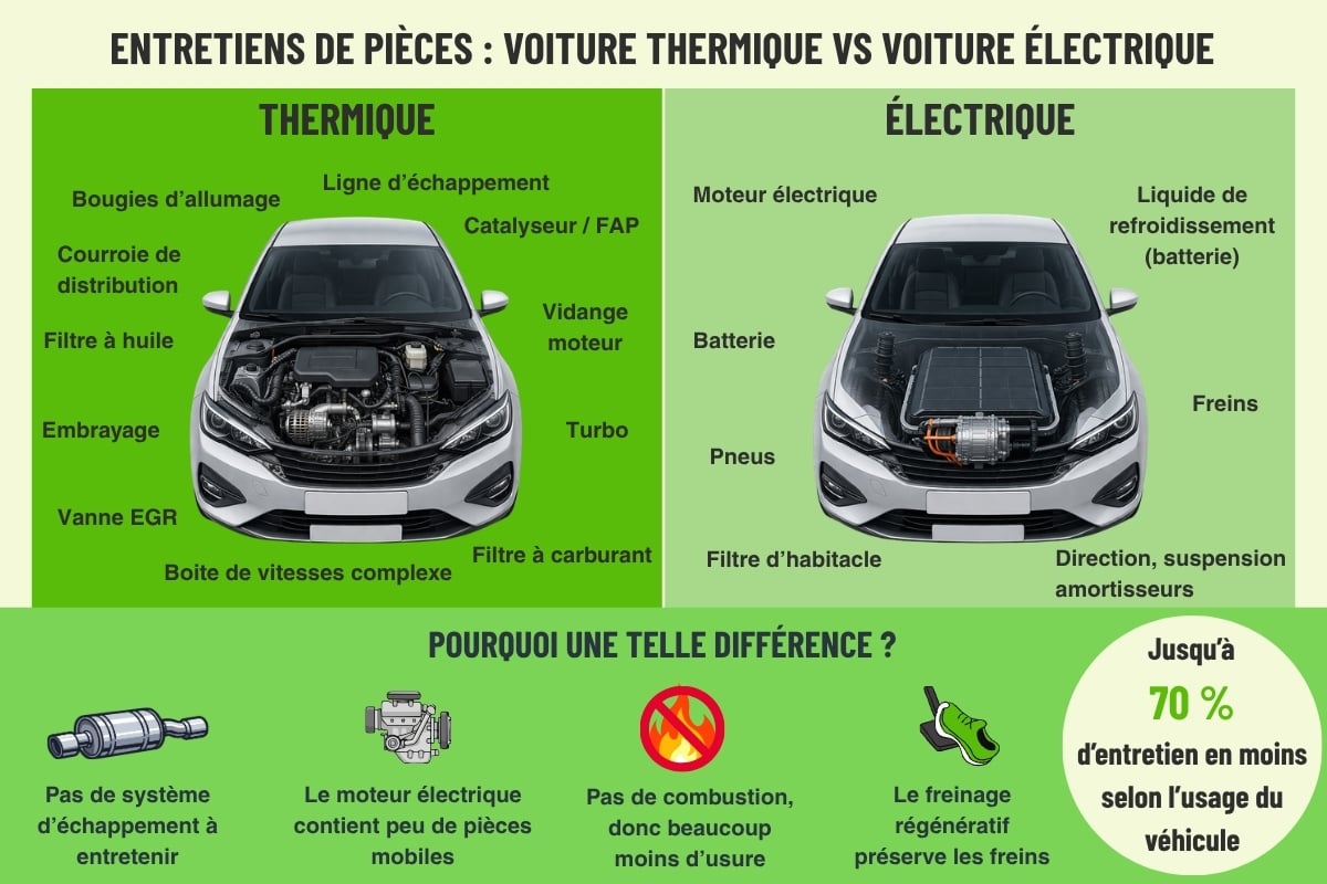 Infographie comparant les pièces d'entretien d'une voiture thermique (courroie, vidange, embrayage, bougies) et d'une voiture électrique (batterie, freins, pneus), avec jusqu'à 70 % d'entretien en moins