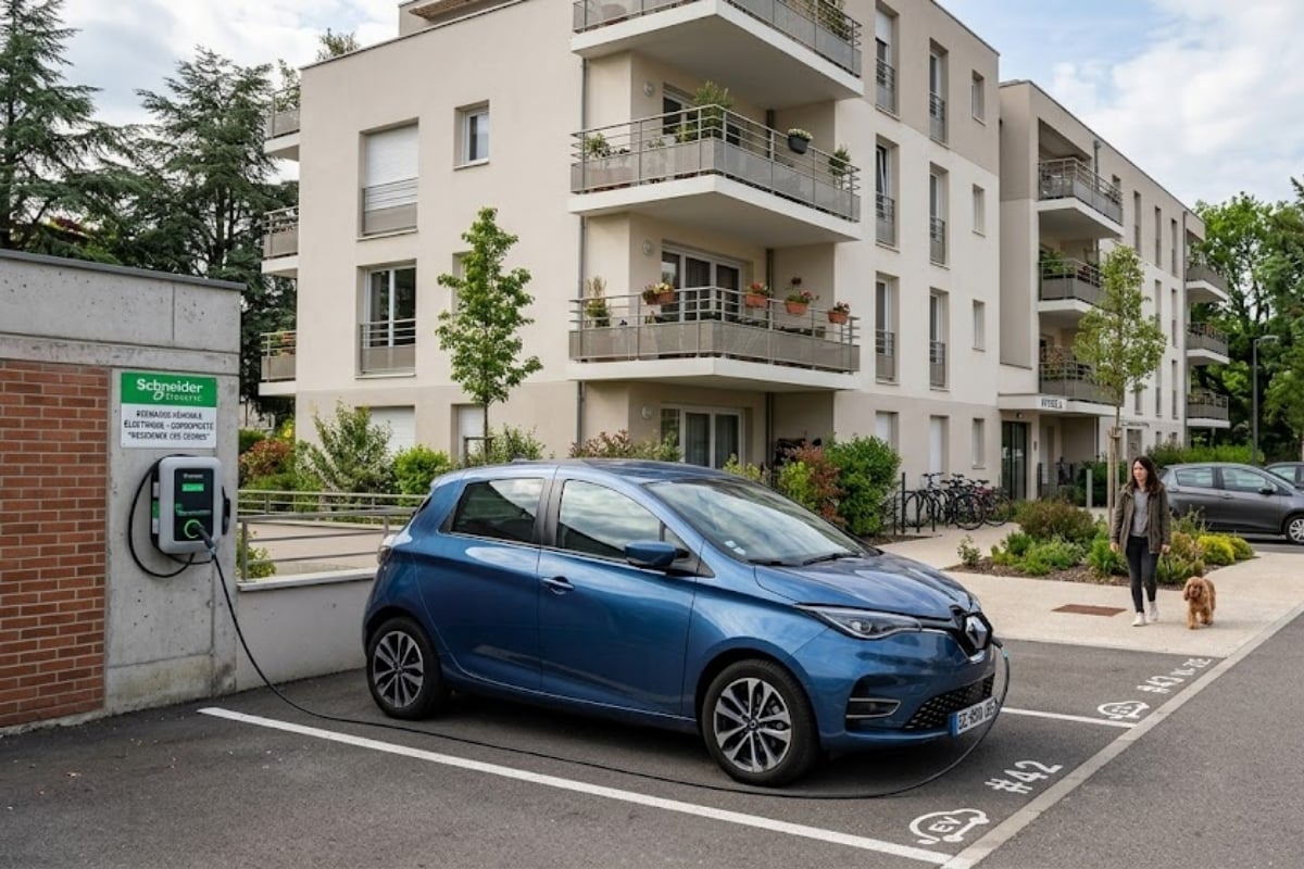Renault Zoé en recharge sur une borne Schneider dans le parking d'une copropriété