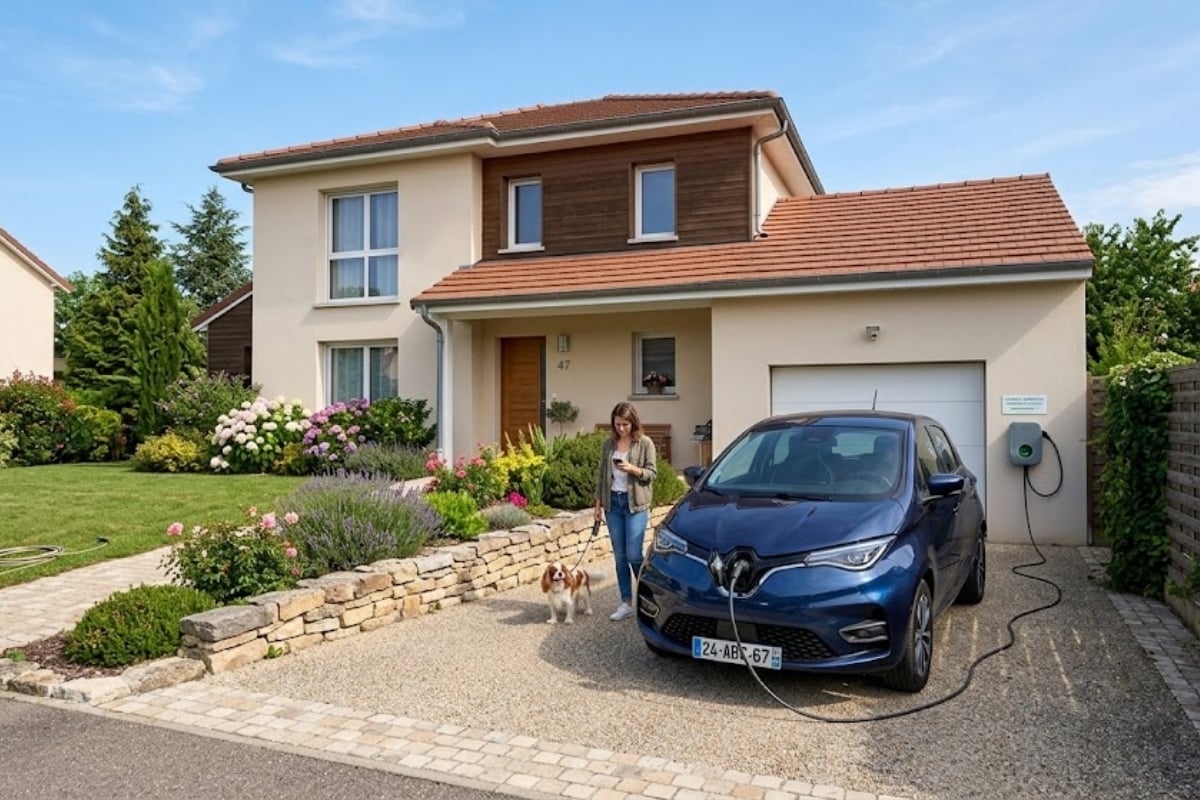 Renault Zoé en recharge sur une wallbox devant une maison individuelle avec jardin