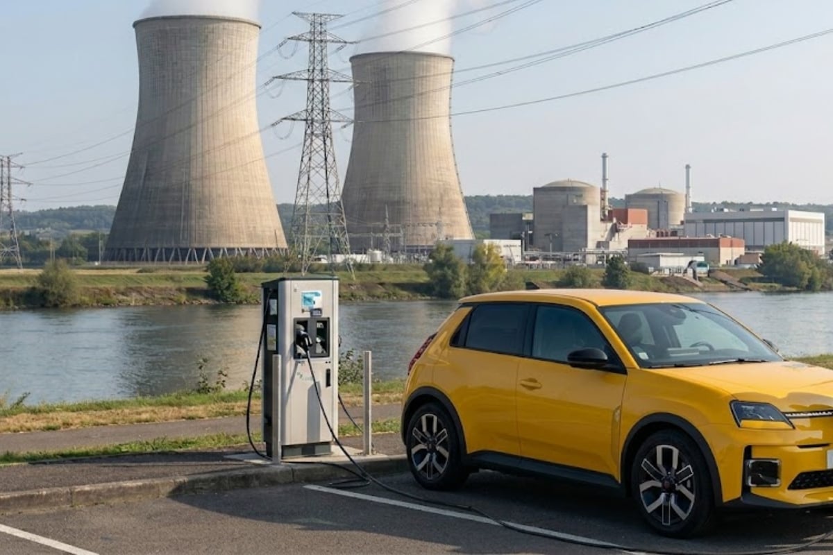 Renault 5 E-Tech en recharge rapide devant une centrale nucléaire française