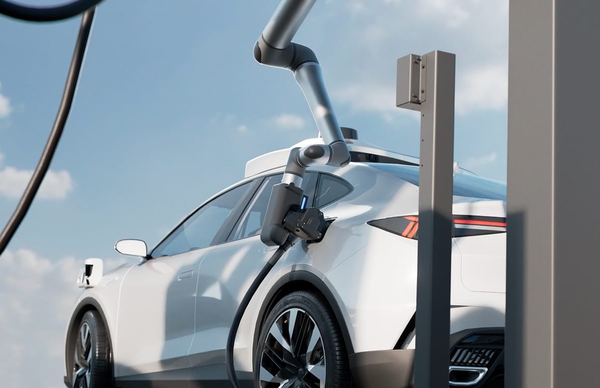 Le robot de recharge Rocsys M1 branche automatiquement un robotaxi sans intervention humaine