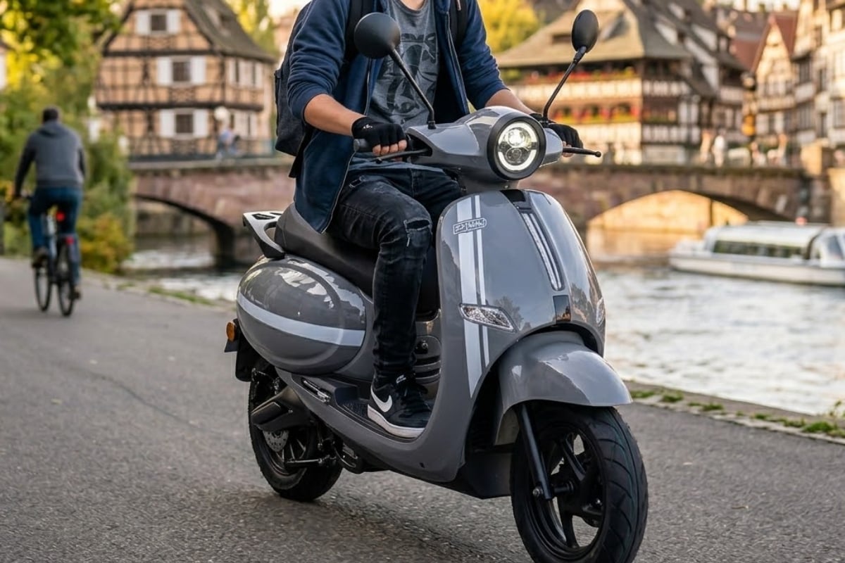 Jeune conducteur sur un scooter électrique Pink Pop Plus en ville à Strasbourg