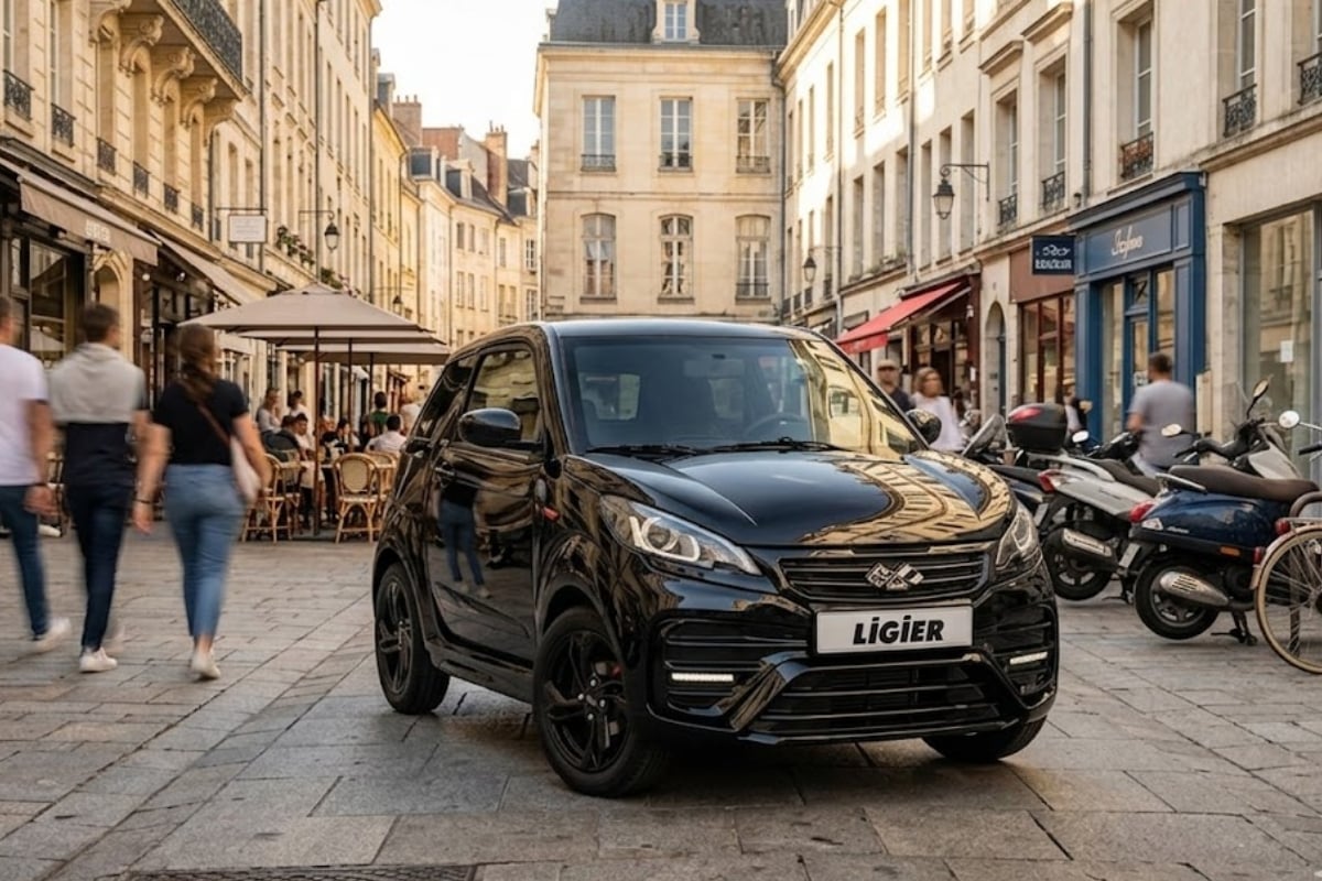 Voiture sans permis électrique Ligier noire stationnée dans une rue piétonne en ville