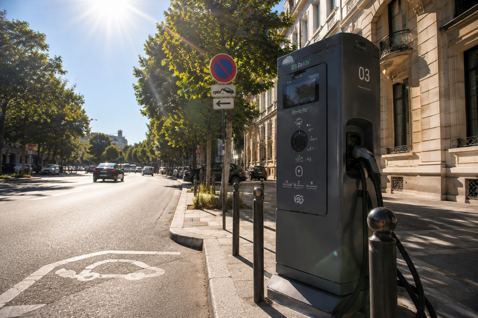 Borne de recharge Bélib exposée en plein soleil sur un boulevard parisien
