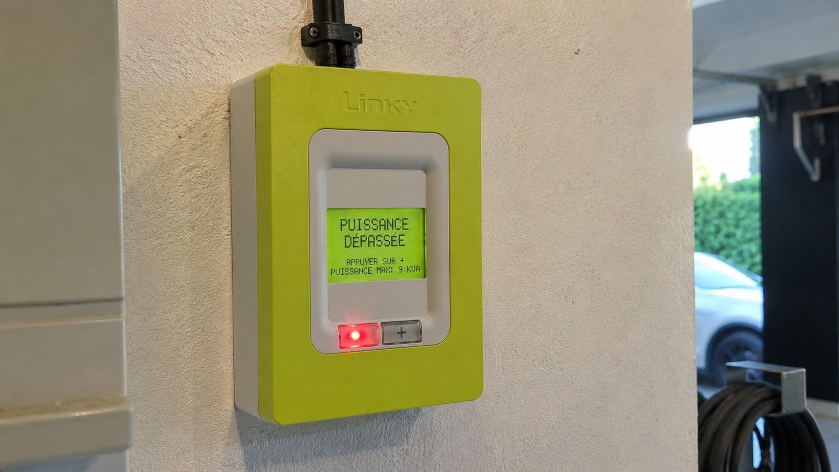 Compteur Linky affichant le message puissance dépassée et une puissance maximale de 9 kVA