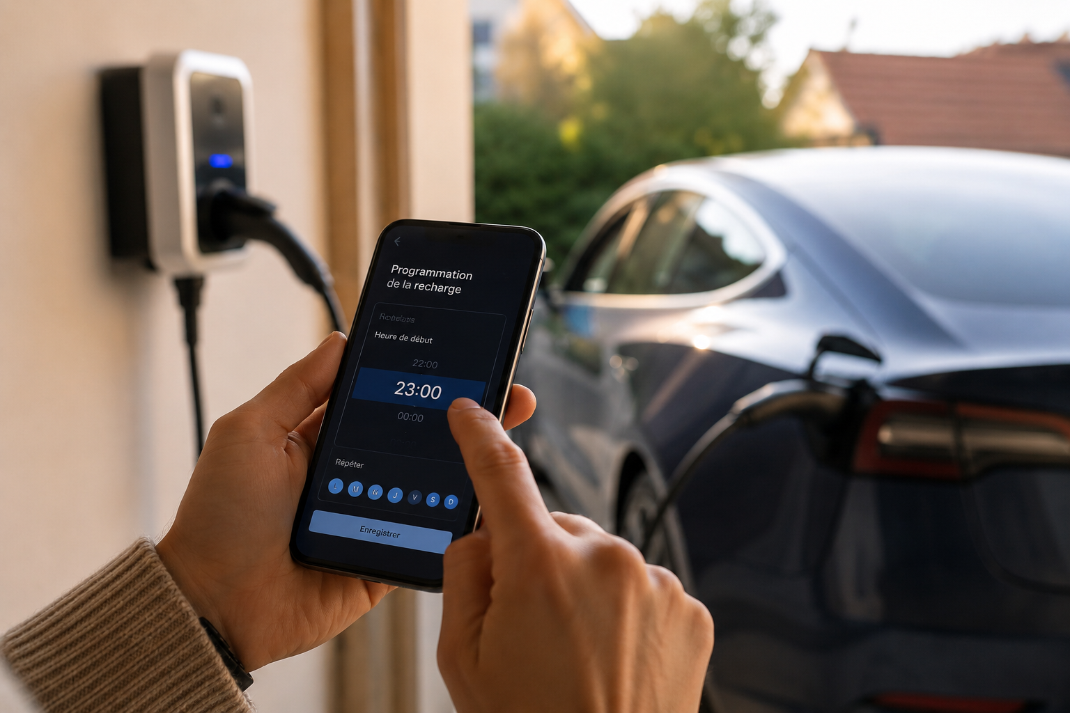 Programmation de la recharge d'une voiture électrique sur application mobile pour un départ à 23h
