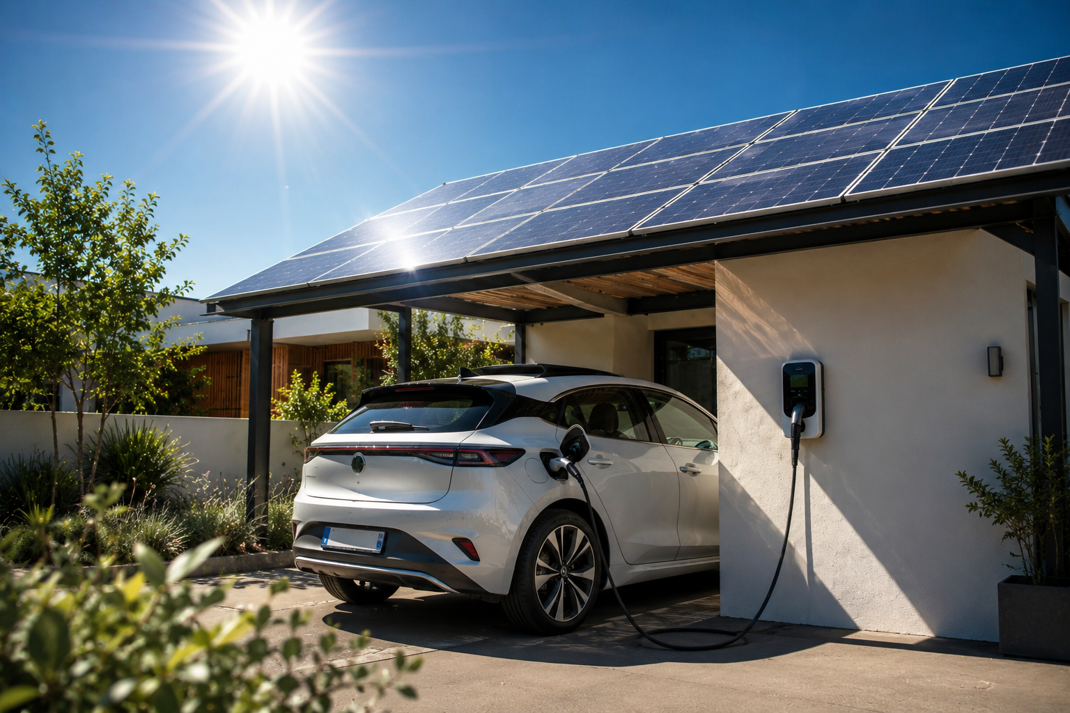 Voiture électrique en recharge sous un carport équipé de panneaux photovoltaïques