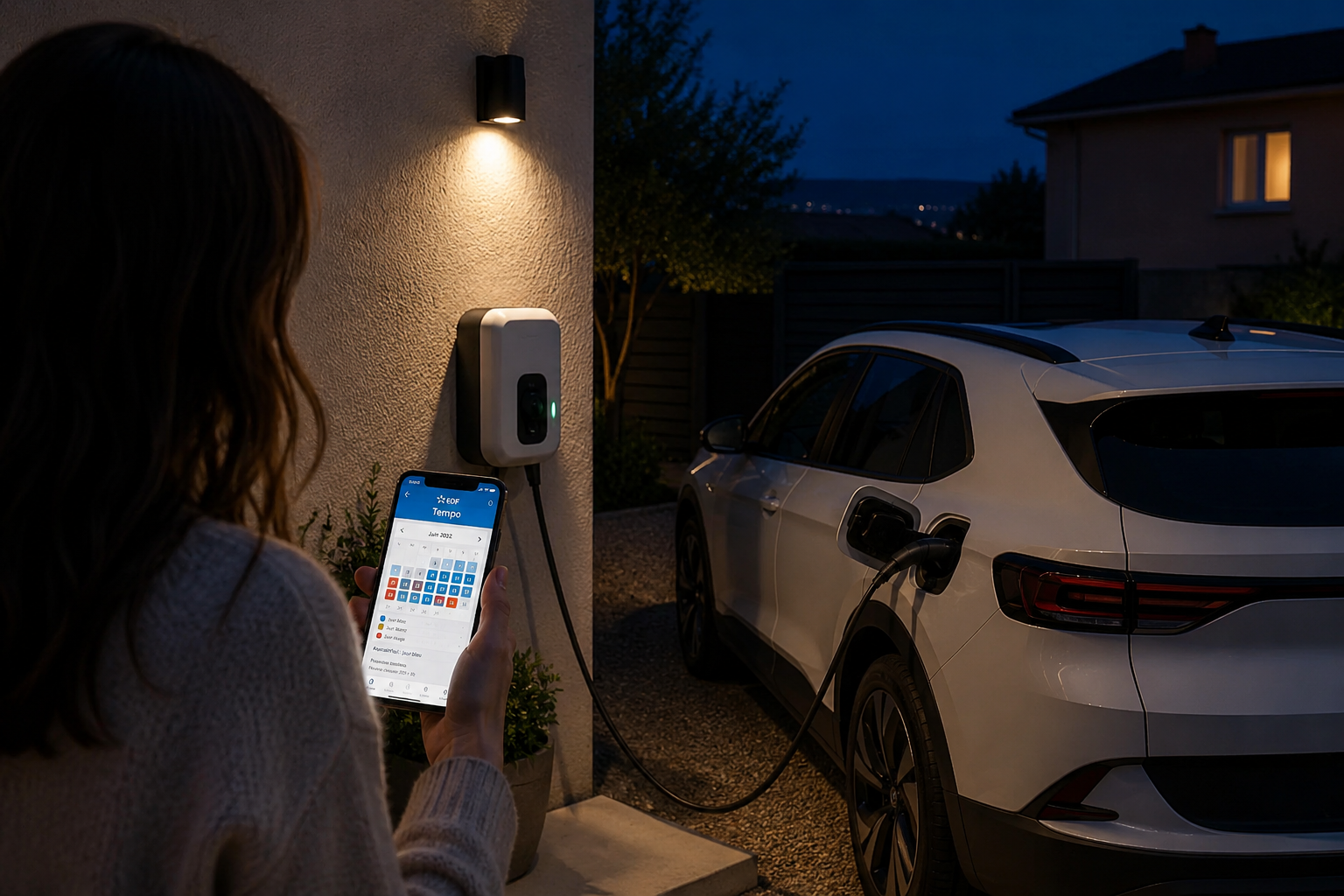 Recharge d'une voiture électrique sur une borne murale la nuit, appli EDF Tempo en main