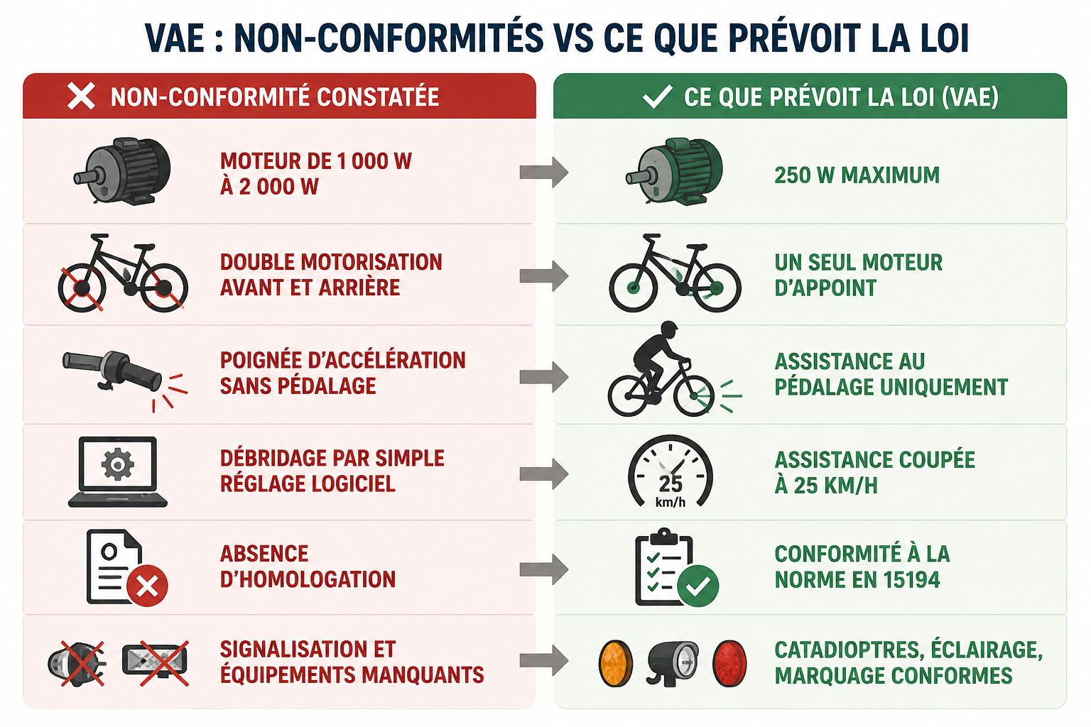Schéma comparant les non-conformités des VAE aux règles légales