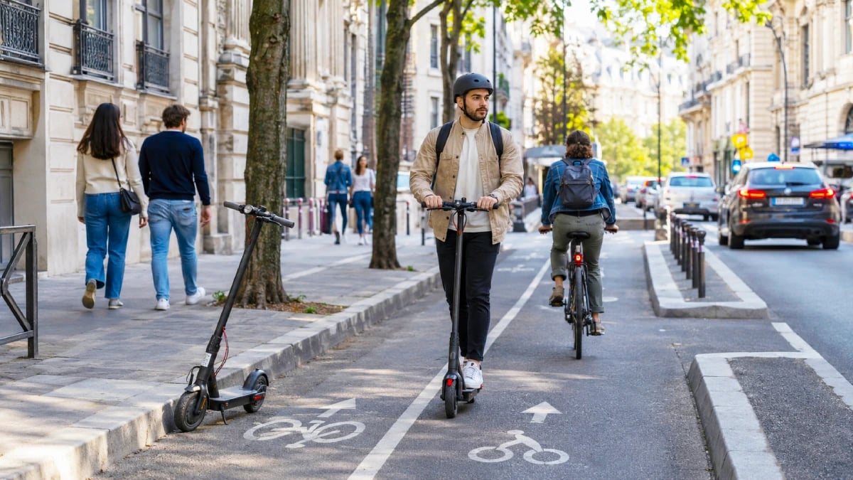 Une trottinette électrique circule dans les rues de Paris