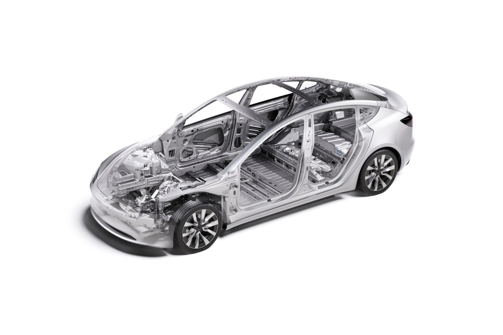 Structure d'une Tesla Model 3 avec le pack batterie intégré au plancher