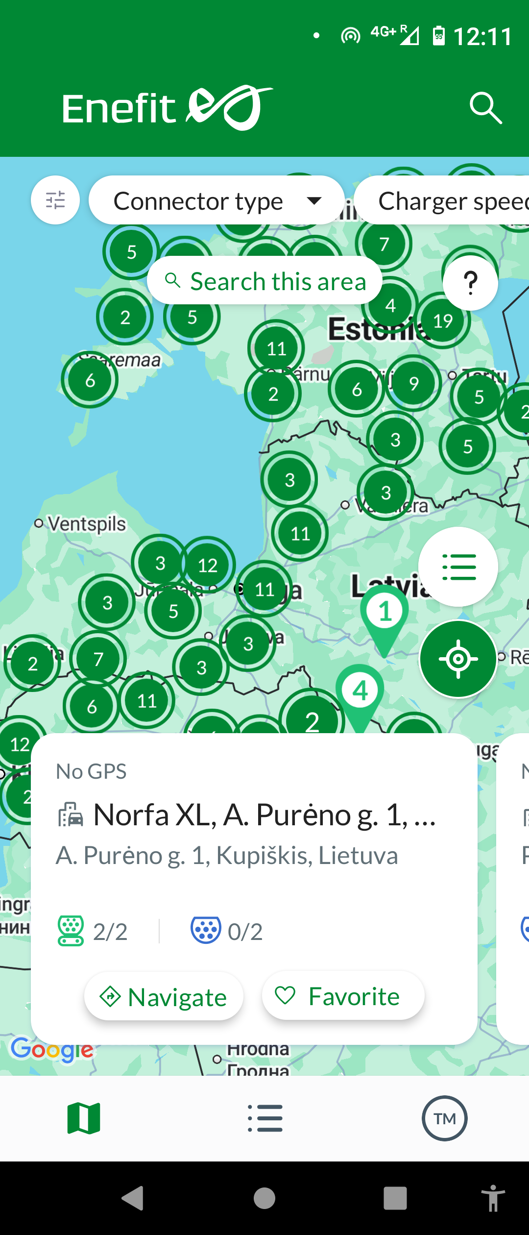 Application Enefit : carte des bornes de recharge dans les pays baltes Capture d'ecran de l'application Enefit montrant la carte des bornes de recharge en Estonie, Lettonie et Lituanie