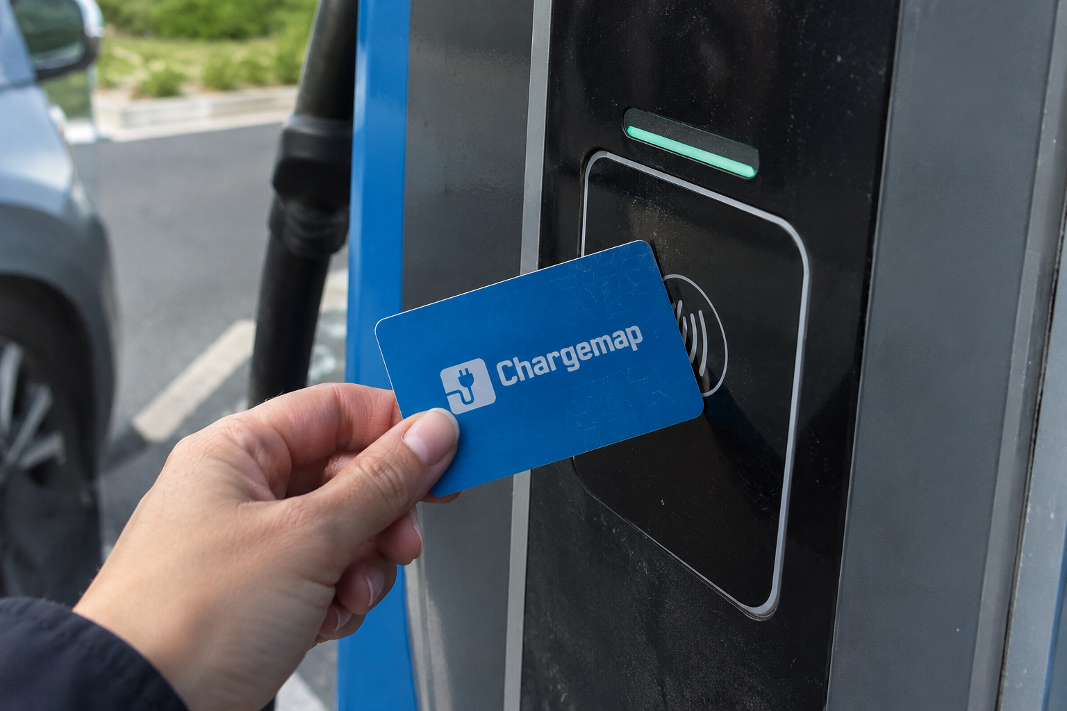 Carte de recharge Chargemap passée sur le lecteur RFID d'une borne pour voiture électrique