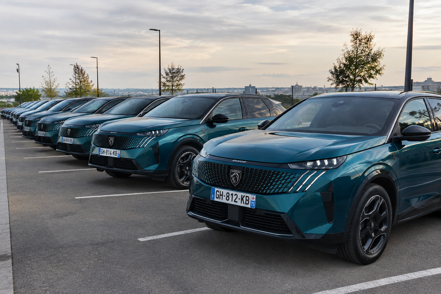 Flotte de Peugeot 3008 électriques alignées sur un parking d'entreprise