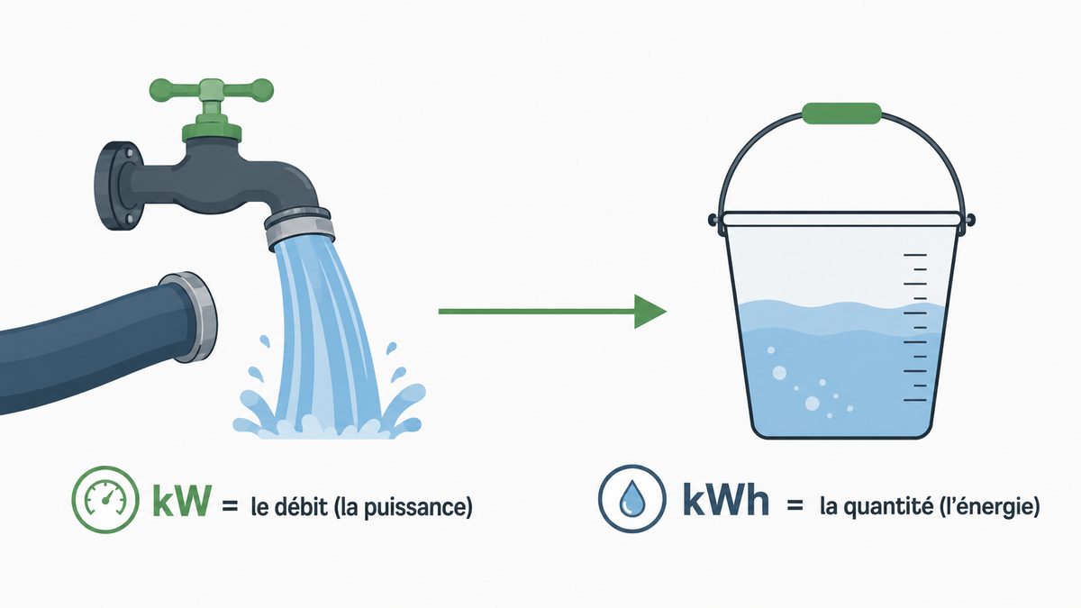 Schéma comparant kW et kWh : un robinet symbolise le débit (kW) et un seau qui se remplit symbolise la quantité (kWh)
