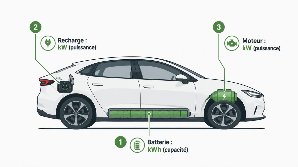 Infographie situant kW et kWh sur une voiture électrique : batterie en kWh (capacité), recharge et moteur en kW (puissance)