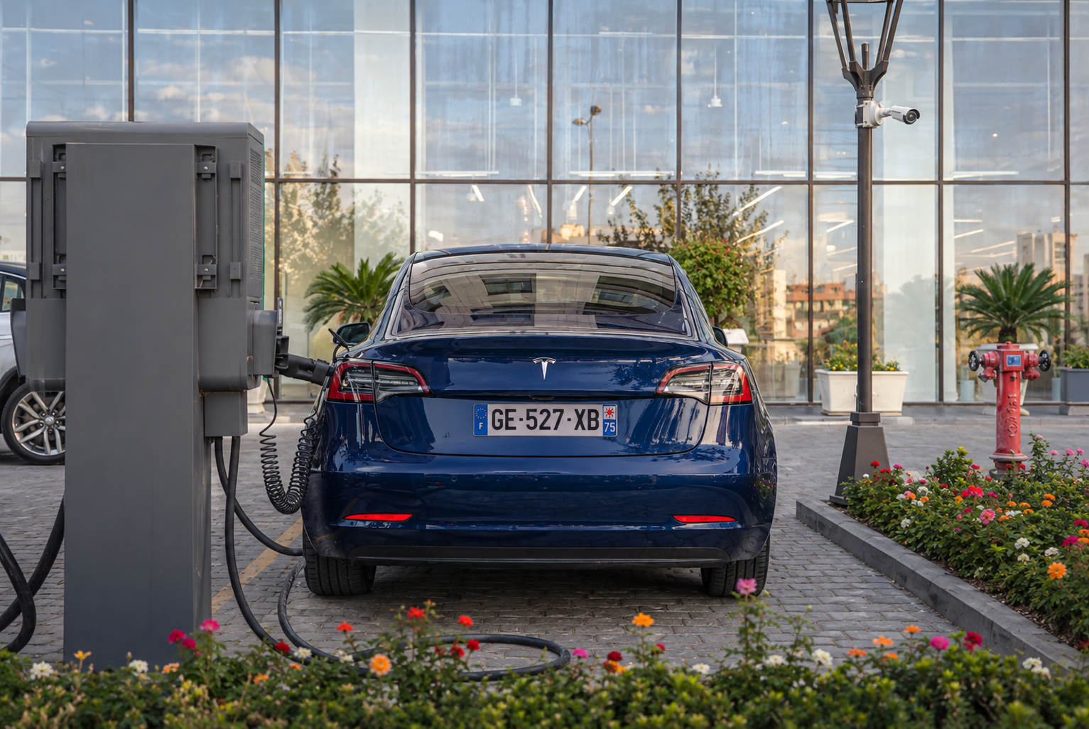 Tesla Model 3 en recharge sur une borne devant un bâtiment d'entreprise