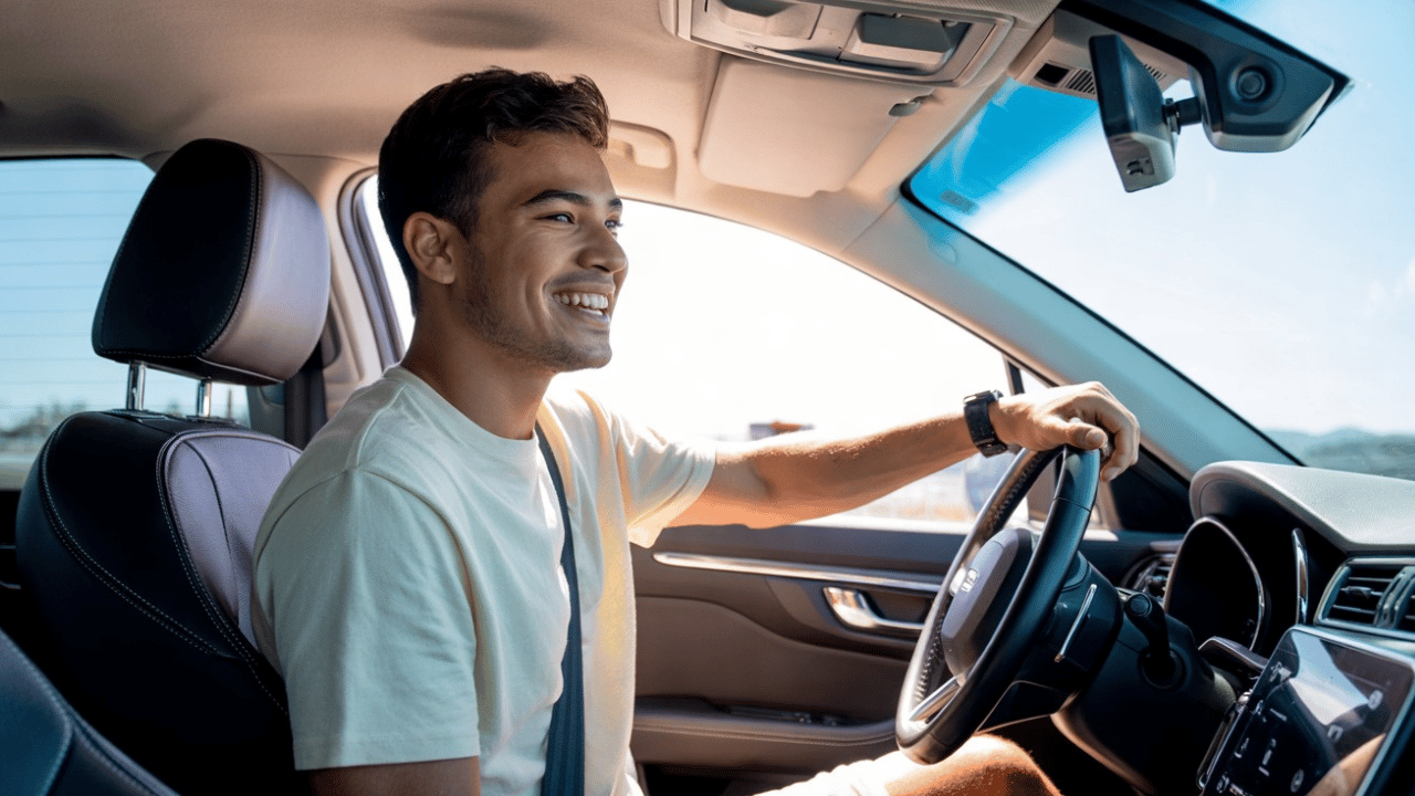 Jeune conducteur souriant au volant de sa première voiture, ceinture de sécurité bouclée, par une journée ensoleillée